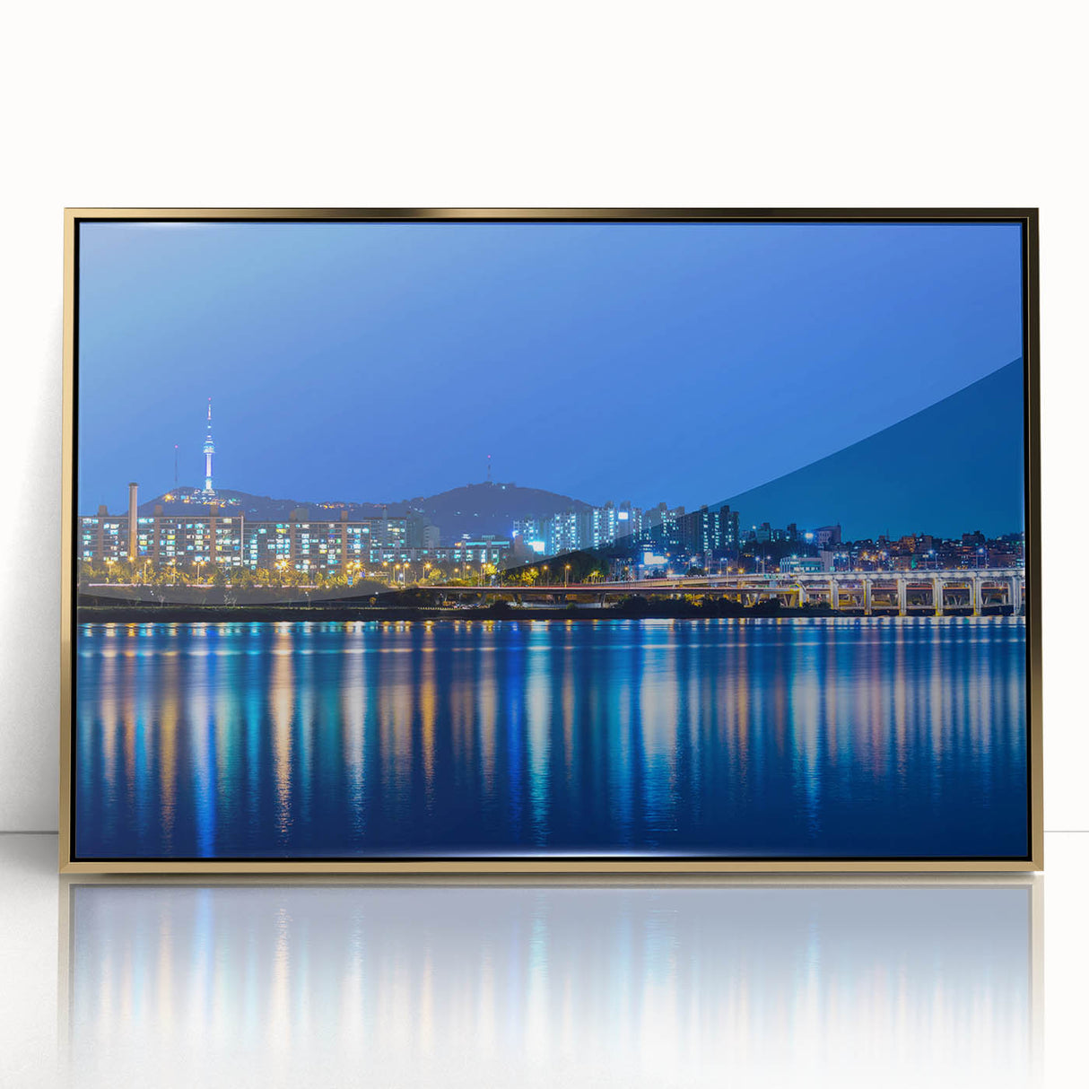 Acrylic print of Seoul skyline with gold frame, featuring mid-century modernist design and soft pastel colors.