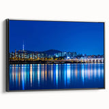Black and white framed canvas of Seoul landscape, ideal for bedroom wall art.