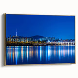 Framed canvas depicting a vintage-style Seoul landscape in black and gold tones, ideal for bedroom wall art.