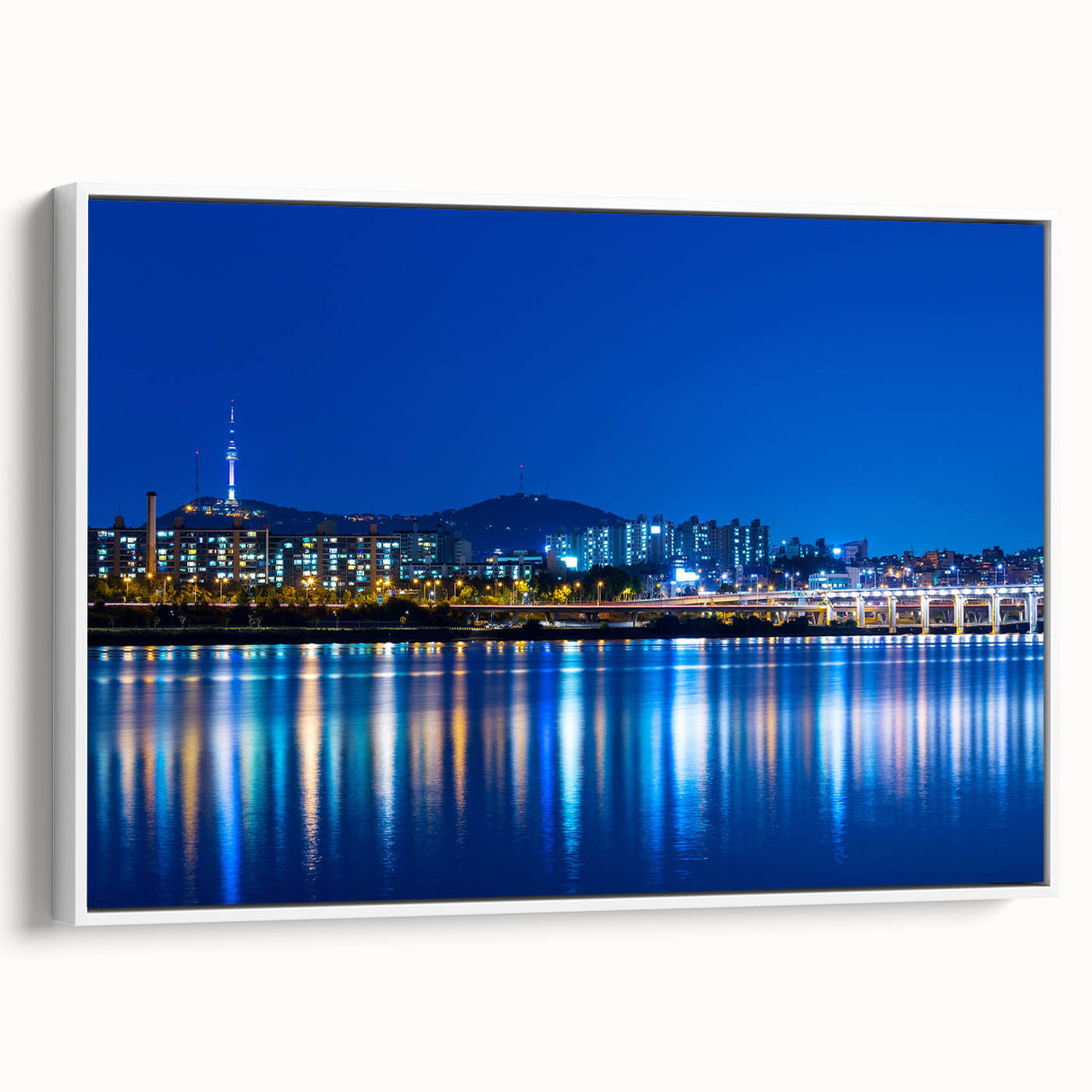 Vintage poster art of Seoul with colorful and black elements on extra large framed canvas, ideal for living room decor.