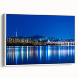 Vintage poster art of Seoul with colorful and black elements on extra large framed canvas, ideal for living room decor.