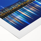 Art deco poster of Seoul skyline in muted gray and blue tones on rolled canvas, suited for dining room wall art.