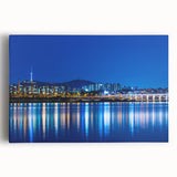 Black and white large art print of Seoul skyline on stretched canvas, suitable for kitchen wall art.