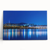 Black and white stretched canvas of Seoul skyline, ideal for kitchen wall art or bedroom ambiance.