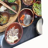 Large abstract wall art on acrylic glass featuring a mid-century modernist Korean landscape in muted earth tones.