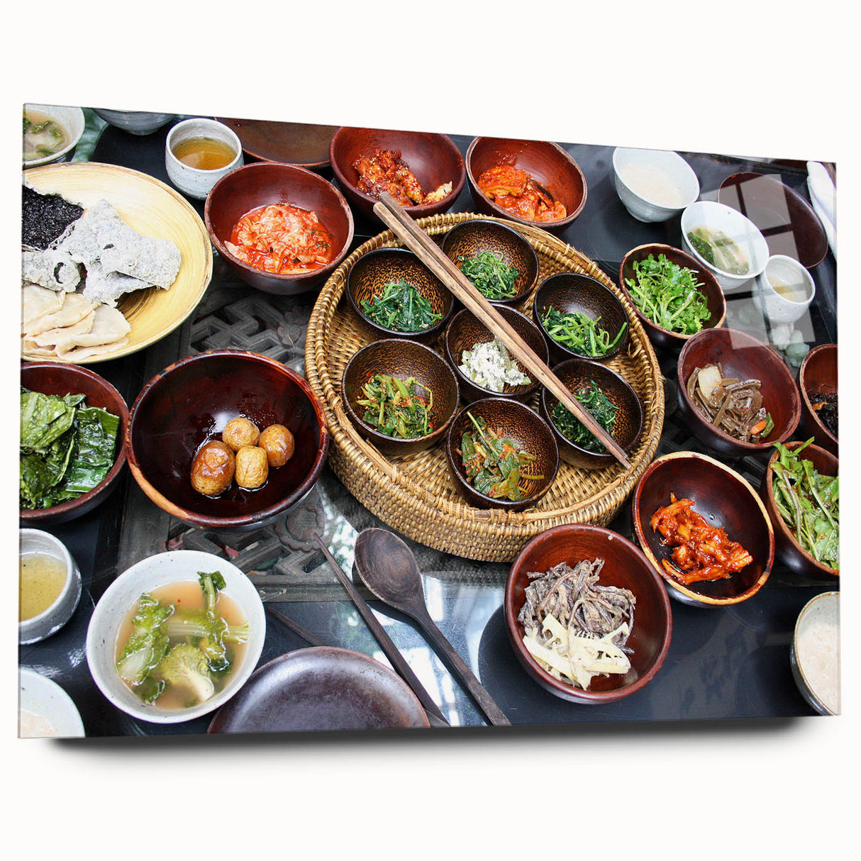 Large abstract wall art featuring a serene Korean landscape in muted earth tones on acrylic glass.