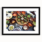 Extra large abstract art print depicting a colorful, textured Korean landscape on a framed canvas.