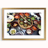 Extra large textured abstract art print depicting a serene Asian landscape in muted earth tones, framed in gold.