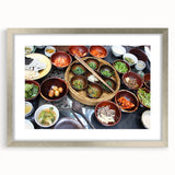 Textured abstract art print of an Asian landscape in muted earth tones, framed in silver, ideal for bedroom art.