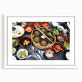 Abstract art print featuring a stylized Korean landscape in muted earth tones on a framed white mat.