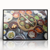 Large abstract wall art depicting a serene Korean landscape in muted earth tones, framed in black acrylic.
