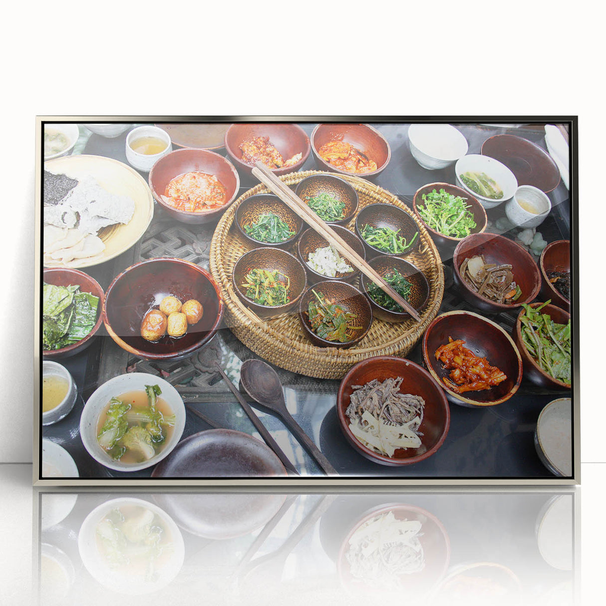 Mid-century modernist art depicting a serene Korean landscape in muted earth tones on a framed acrylic panel.