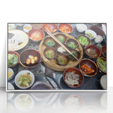 Acrylic print of a serene Korean landscape in muted earth tones, framed in white, ideal for modern art wall decor.