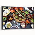 Black and white framed canvas of a vintage Korean landscape, ideal for bedroom wall decor.