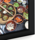 Close-up of extra large black wall art on canvas featuring a textured, colorful Korean scenery, ideal for living room decor.