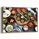 Framed canvas depicting a vintage-style Korean landscape in muted gold and black tones, ideal for bedroom wall decor.