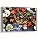 Framed canvas featuring a vintage-style Korean landscape with vibrant colors and black accents, ideal for living room decor.