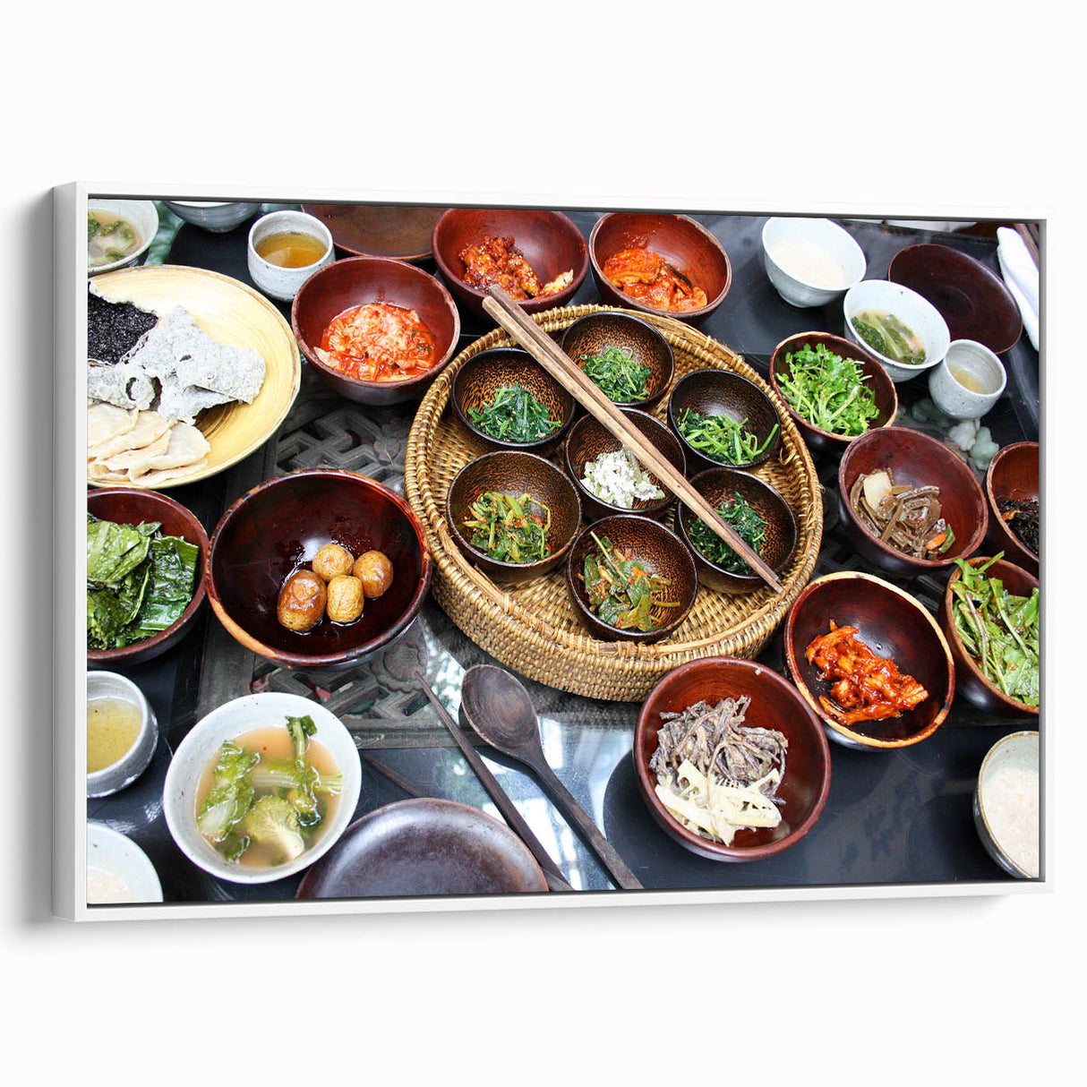Framed canvas of vintage poster art featuring a colorful Korean landscape, ideal for living room decor.