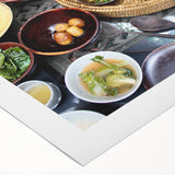 Art deco poster of a serene Korean landscape in muted green and blue tones on rolled canvas, ideal for dining room decor.