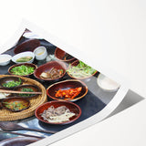 Extra large rolled print of a serene Korean landscape with soft floral elements in muted colors.