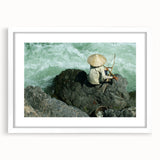 Abstract art print depicting a serene Laotian landscape in soft pastel hues, framed in white.