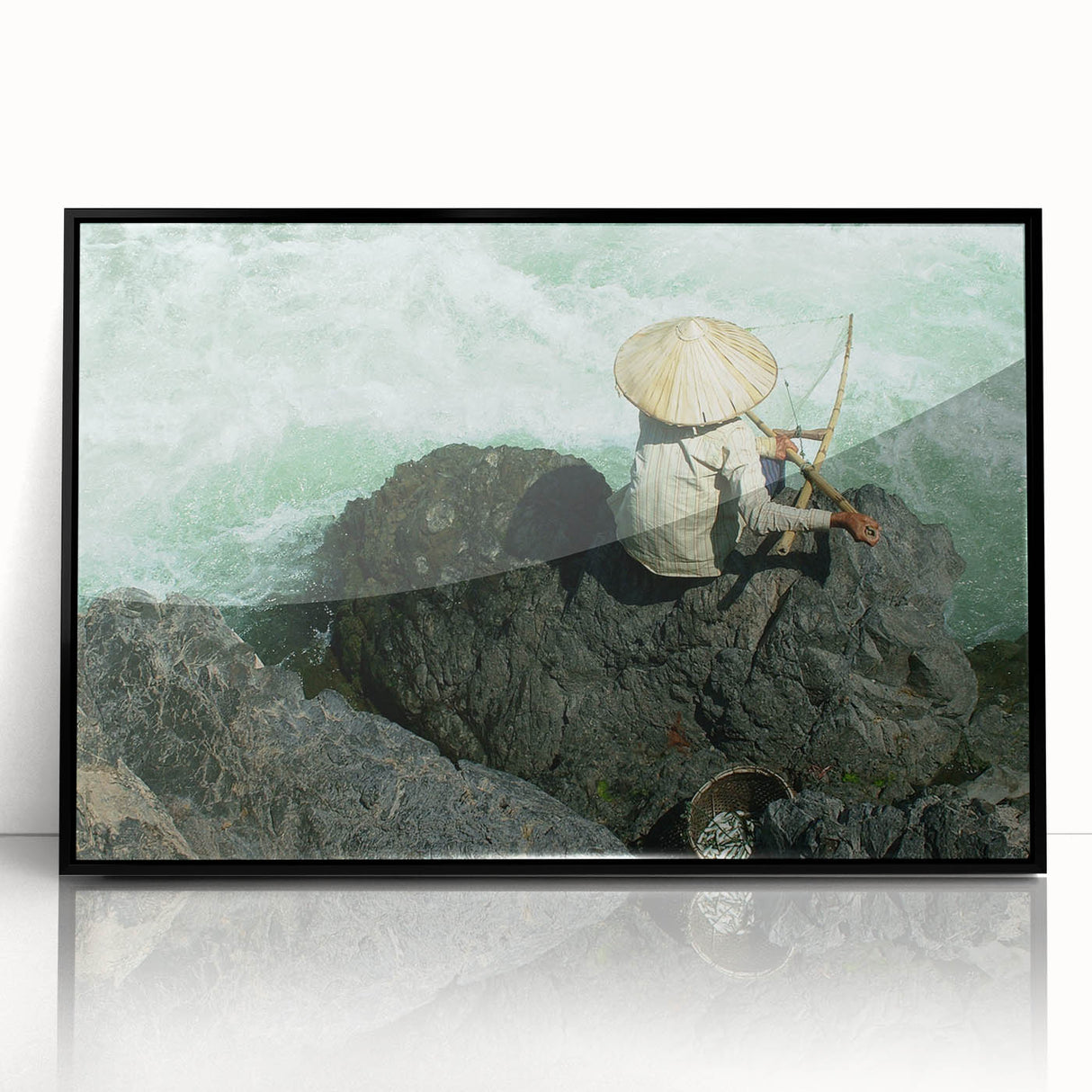 Large abstract wall art of a Laos scenery in muted earth tones on a framed acrylic, ideal for modern living room decor.