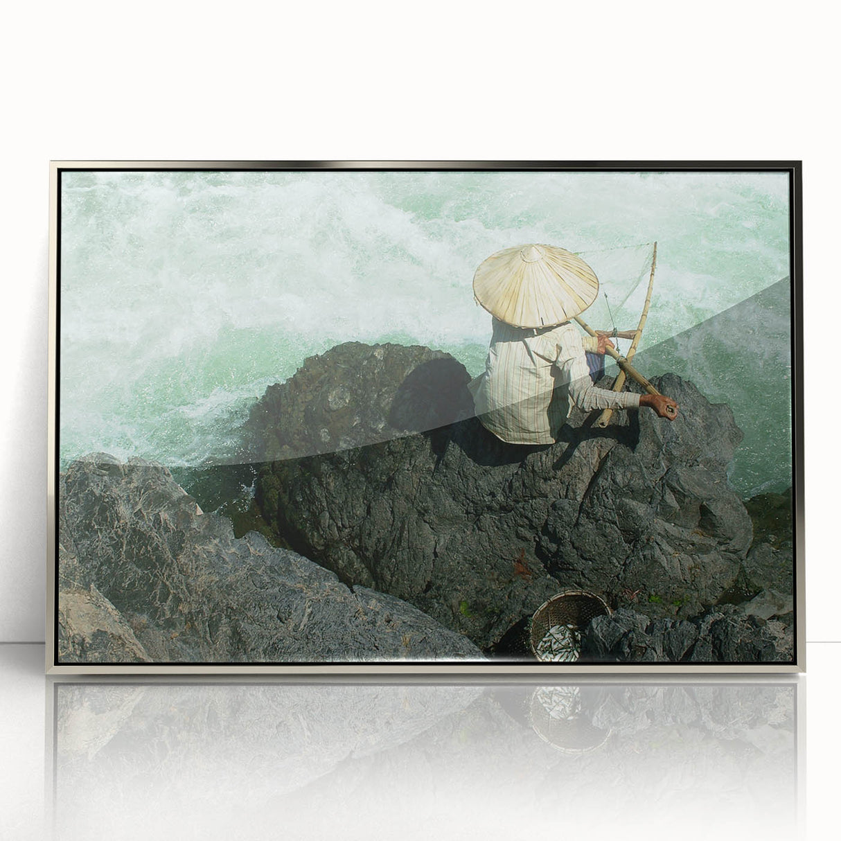 Mid-century modernist art depicting a serene Laos landscape in muted earth tones on a silver-framed acrylic print.
