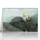 Art deco poster of a Laos scenery in muted green and brown tones on white framed acrylic, suitable for modern nursery decor.