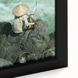Extra large framed canvas featuring a textured scene of a Laotian landscape in black with colorful accents.