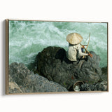 Framed canvas featuring a vintage-style landscape painting of Laos with gold and black color tones.