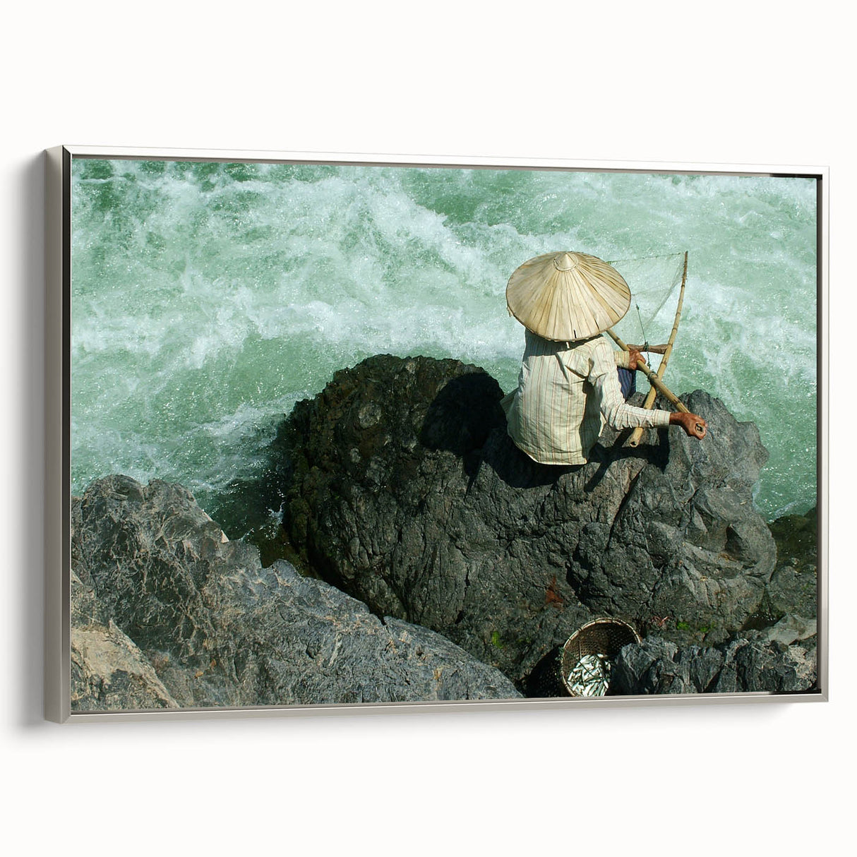 Framed canvas of a vintage Laos landscape painting in colorful hues, ideal for enhancing a living room or office space.