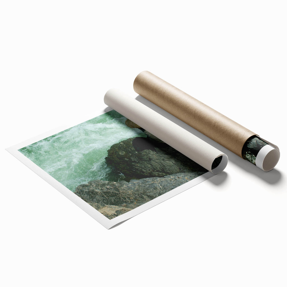 Extra large rolled print featuring a serene Laos landscape with lush floral elements in soft green and blue tones.