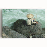 Black and white photograph of a serene Laos landscape on large stretched canvas, suitable for kitchen wall art.