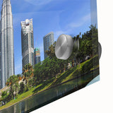 Large abstract wall art of a Malaysian landscape in mid-century modernist style on acrylic glass, ideal for dining room art.