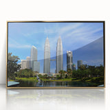 Mid-century modernist style large art print of a Malaysian landscape in gold tones on framed acrylic.