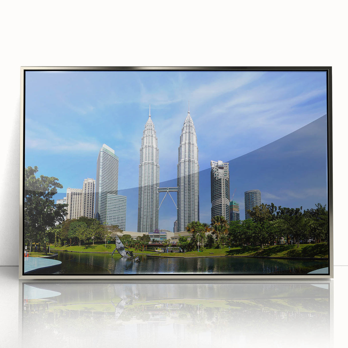 Mid-century modernist art depicting a serene Malaysian landscape in muted earth tones on a framed acrylic print.
