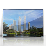 Acrylic framed depiction of a Malaysian landscape in art deco style, with soft pastel colors.