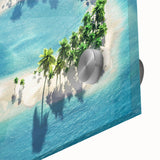 Large abstract wall art depicting a serene Maldives scenery on acrylic glass, using muted blue and green tones.