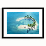 Extra large abstract art print of a colorful, textured Maldivian scenery on a framed canvas, ideal for living room decor.