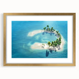 Extra large wall art featuring an abstract Maldives scenery in textured gold tones on a framed mat.