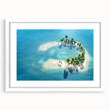 Abstract art print of the Maldives in soft blue and white tones on a framed canvas.
