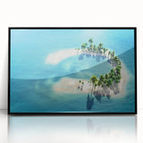 Large abstract wall art depicting the Maldives in muted blue and green tones on a framed acrylic.