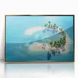 Framed acrylic print of a serene Maldivian landscape in soft blue and white tones, ideal for modern art wall decor.