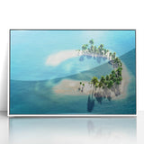 Acrylic print of a serene Maldives beach scene in soft blue and white tones, framed in white.