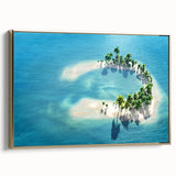 Framed canvas depicting a serene Maldivian landscape with blue waters and palm trees, ideal for bedroom wall art.