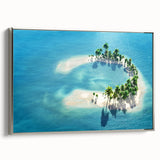 Framed canvas depicting a serene Maldivian landscape with vibrant blue waters and lush green islands.