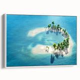 Vintage poster art of Maldives scenery on a framed canvas, featuring vivid blue and white tones, ideal for living room decor.