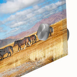 Large abstract wall art depicting Mongolian scenery in muted earth tones on acrylic glass, suitable for dining room ambiance.
