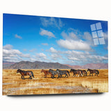 Large abstract wall art depicting a Mongolian landscape in muted earth tones on acrylic glass.