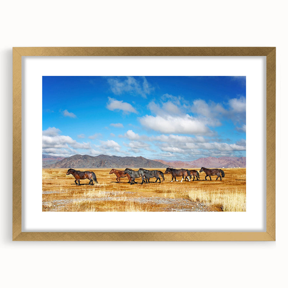 Extra large wall art featuring an abstract depiction of a Mongolian landscape in textured gold and brown tones.
